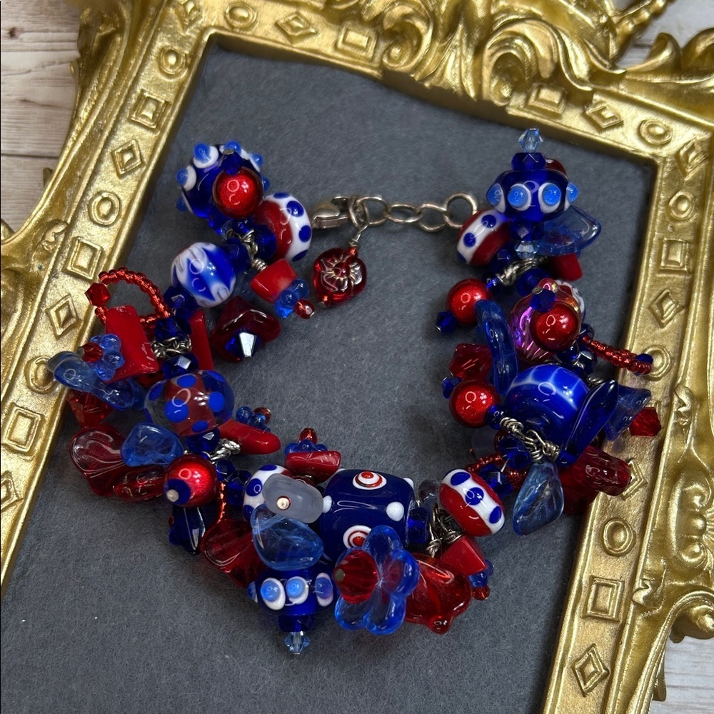 Chunky Red and Blue Lamp Glass and Millefiori 925 Sterling Bracelet